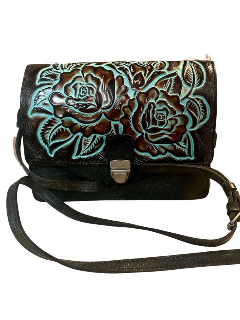 Patricia Nash Lanza Crossbody Bag Rose Tooled Turquoise Leather NWT